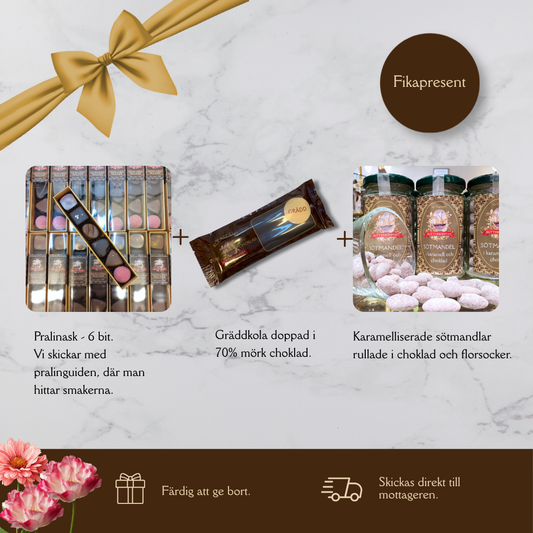 Presentpåse - Gräddkola, kolakräm & 6 st praliner i ask.