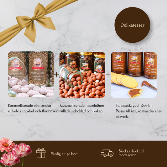 Presentpåse - Karamelliserade hasselnötter, karamelliserade sötmandlar & nötkräm.