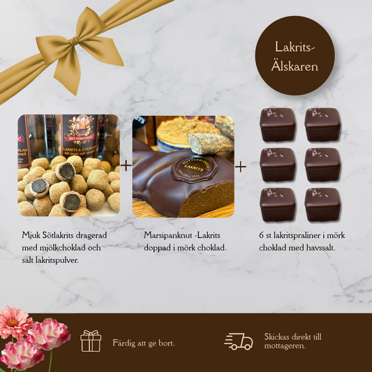 Presentpåse - Sötsalt lakritsburk, Marsipanknut lakrits & 6 st lakritspraliner.