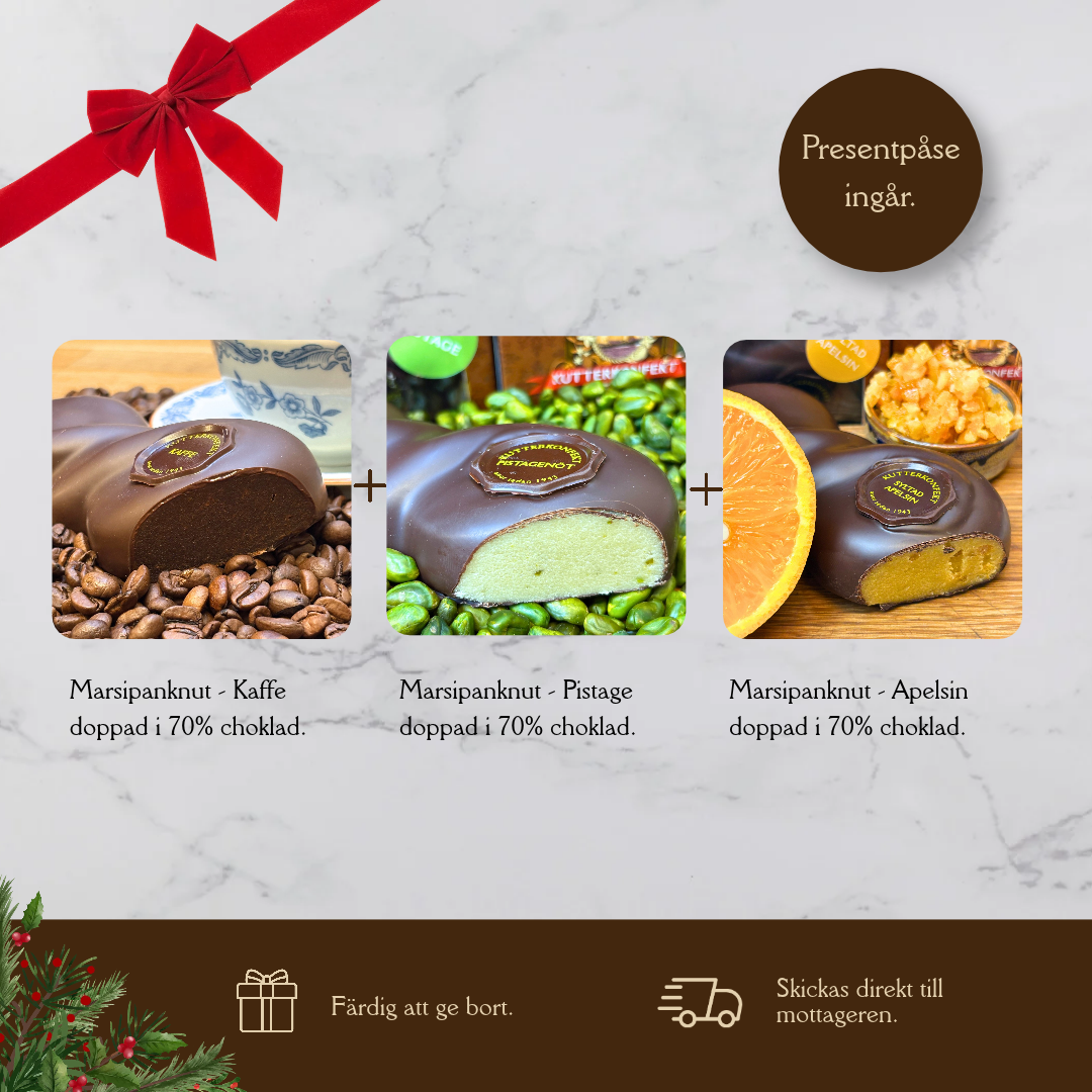 Presentpåse - Jul - 3st marsipanknutar - Kaffe, Pistage & Syltad apelsin.