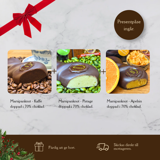 Presentpåse - Jul - 3st marsipanknutar - Kaffe, Pistage & Syltad apelsin.