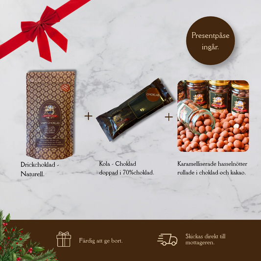 Presentpåse Jul - Drickchoklad Naturell, Chokladkola & Karamelliserade Hasselnötter.