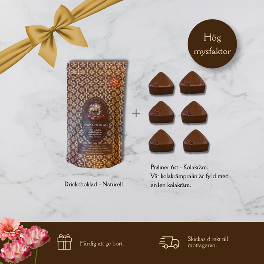 Presentpåse - Drickchoklad Naturell + 6 st praliner kolakräm.